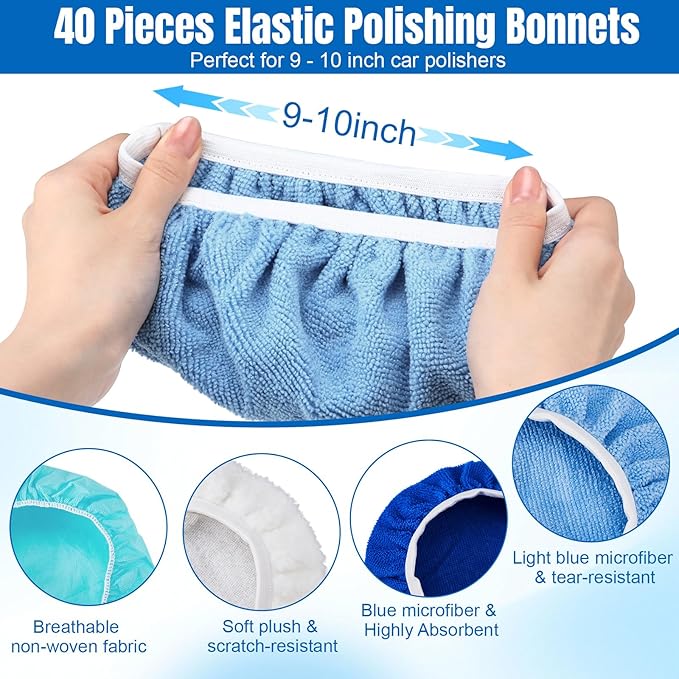 Tallew 40 Pcs Car Orbital Buffer Polisher Pad 9 to 10 Inches Microfiber Polishing Pad Cover Bonnet Set Car Polisher Bonnet Including 20 Microfiber 10 Plush 10 Non Woven