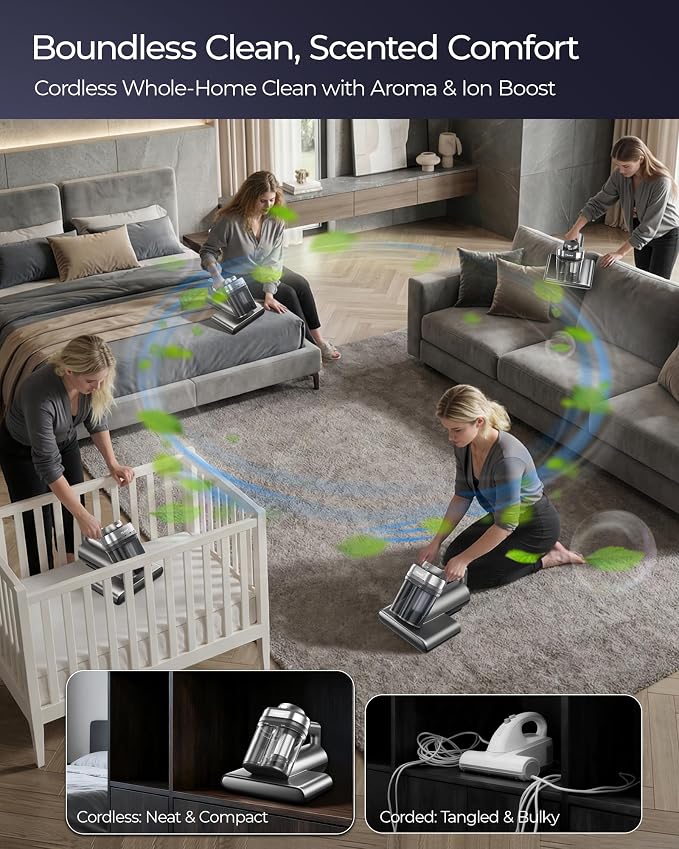 Teant Upgrade Cordless Mattress Vacuum with 18kPa Ultra-Deep Suction, 2-Speed Bed Vacuum with 33000 RPM/Min Roller Brush, 253.7nm UV-C Light & LED Display, HEPA, 149℉ Heat, Aroma & Anion for Bed Sofa