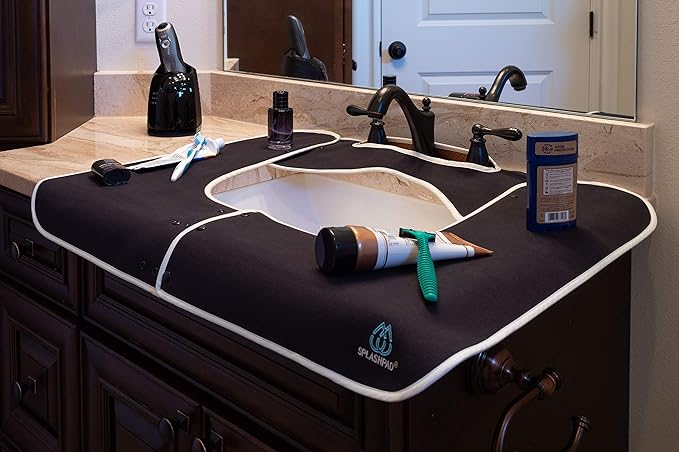 Sink Splash Guard - Home Essentials Faucet Mat for Clean and Dry Bathroom Counter - Absorbent Fast Drying Non Slip Protector - Soft Microfiber with Waterproof Rubber Grip - Washable - Black