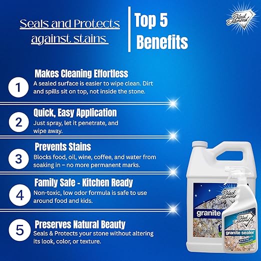 Black Diamond Stoneworks Granite Sealer – Seals and Protects Stone Countertops Without Changing Appearance – Guards Against Food, Oil & Water Stains – for Granite, Marble, Travertine & More
