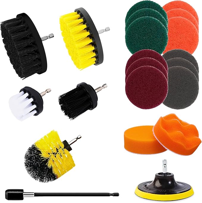Diamond Shine 21-Piece Drill Power Scrubber Attachment Set – Includes Scrub Pads, Sponges, and Brushes - All Purpose Electric Cleaning Accessories