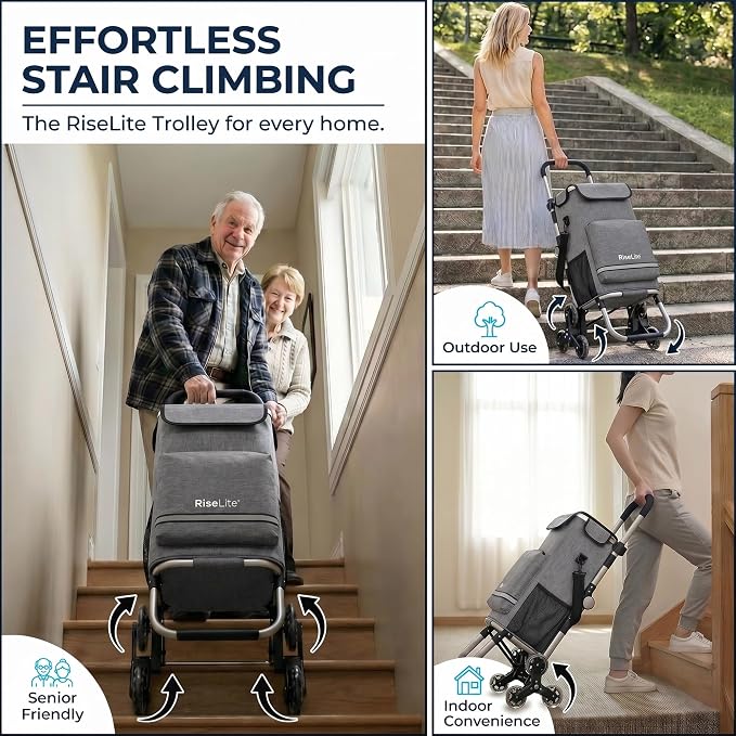 Stair Climbing Cart - Shopping Cart with Wheels for Stairs, Foldable Tri-Wheel Grocery Cart for Seniors & Apartments, 55L Bag with Insulated Cooler, Adjustable Handle, 110 Lbs, Waterproof