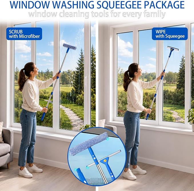 82'' Professional Squeegee Window Cleaner Tool with Extension Pole, Car Windshield Cleaning Kit with Long Handle, Window Washing Equipment for Indoor Outdoor Windows & Car Glass
