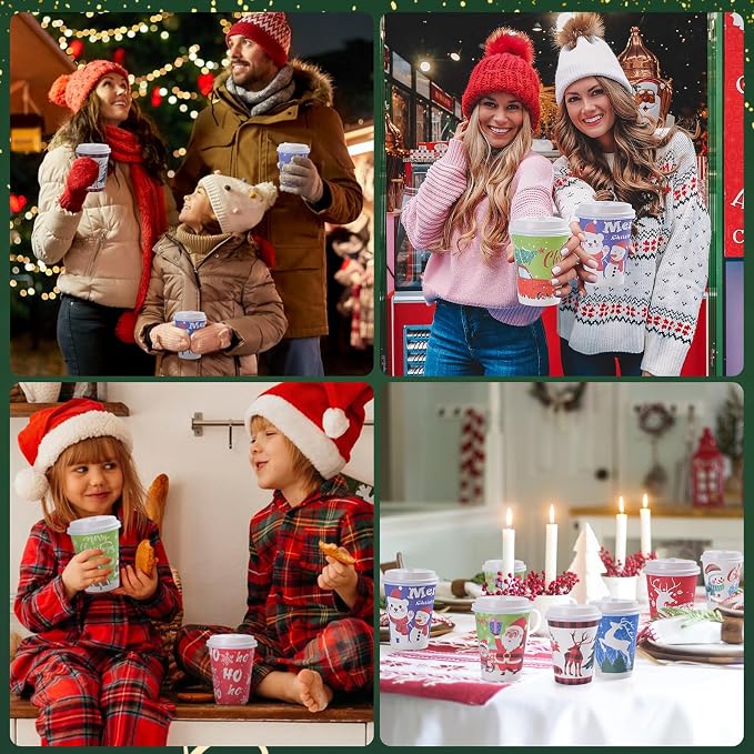 Christmas Cups with Lids 12oz Disposable Coffee Cups Paper Cups with Lids 10 Designs Christmas Party Supplies, Xmas Disposable Party Cups Drinkwear for both Hot and Cold Drinks, 60 Pack