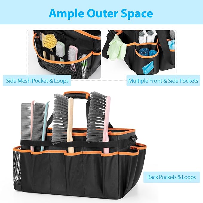 HODRANT Extra-large Wearable Cleaning Caddy, Organizer Bag for Housekeeper with Pad, Handle & Divider, Car Wash Tools Bag for Detailing Supplies, Orange Edge
