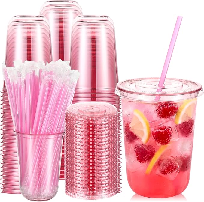 Ziliny 100 Sets Clear Round Bottom Plastic Cups with Lids and Straws, Cute Disposable Drinking Coffee Cups, for Christmas Valentine's Galentine's Day Party Wedding Birthday Supplies (16oz,Pink)