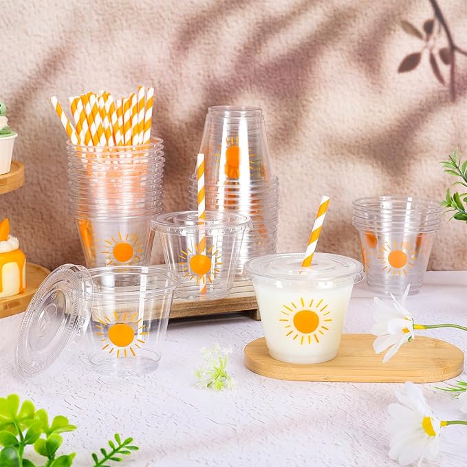 Whaline 100Pcs 9Oz Boho Sun Disposable Plastic Cups with Lids and Straws Cute Yellow Sunshine Cold Beverage Drinking Cups for Iced Coffee Smooth Juice Tea Milkshake