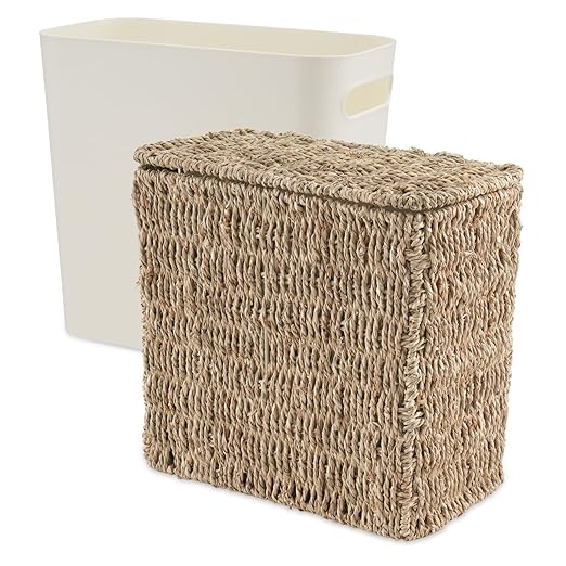 Wicker Trash Can with Lid and Liner, Bathroom Trash Can with Lid, Natural Water Hyacinth Wicker Waste Basket, Boho Rattan Garbage Wastebasket for Bedroom Living Room Office Kitchen