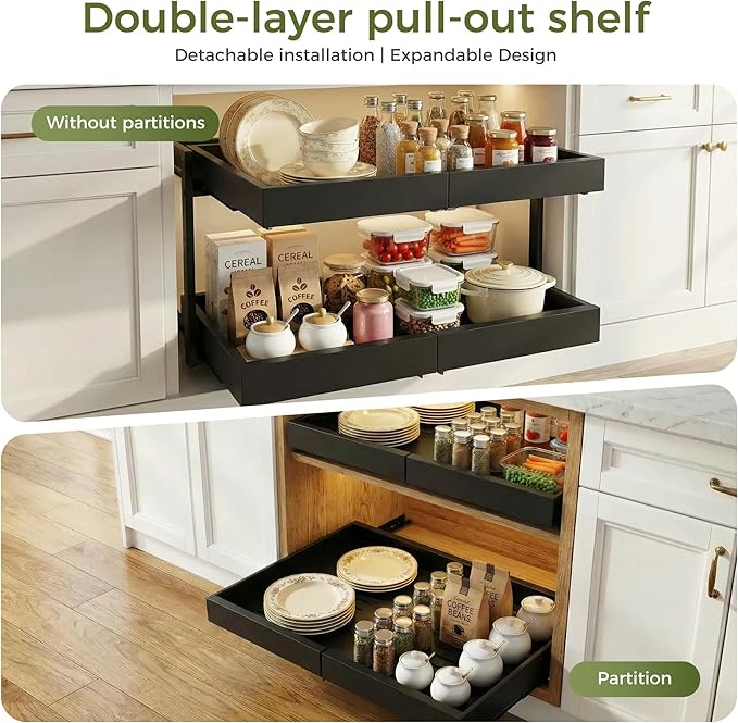 Abalter Expandable Pull Out Cabinet Organizer,2-Tier Slide Out Drawer for Kitchen Cabinets,Adjustable Width 12–18.5",Slide Out Shelves for Kitchen Countertop, Bathroom, Pantry, Heavy Duty Caddy(Black)