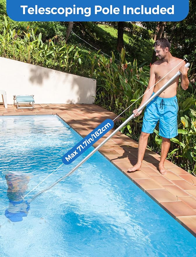 Pool Leaf Vacuum with 71.7in Telescopic Pole, 83GPM Powerful Suction, Rechargeable Cordless Pool Skimmer with 90Mins Runtime for Inground & Above Ground Pools, Pool Vacuum for Debris and Leaves