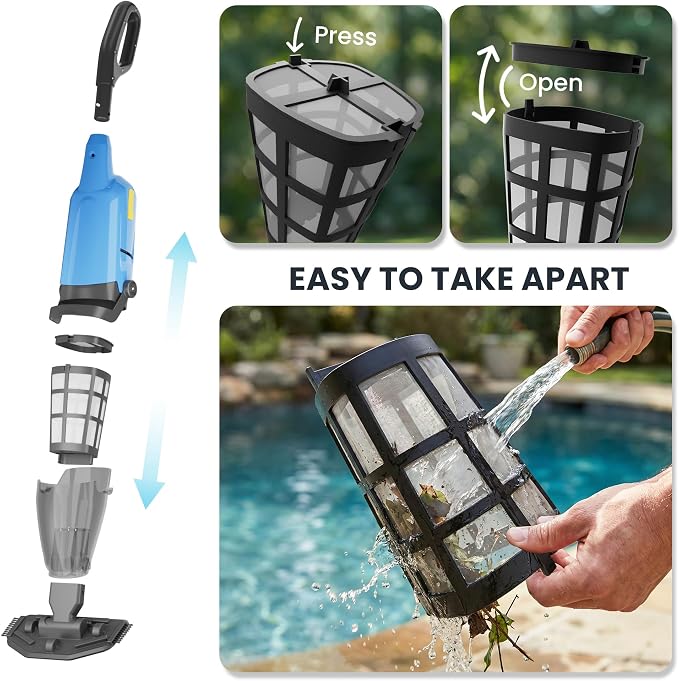 Handheld Pool Vacuum for Above Ground Pool, 18 GPM Powerful Suction, 60 min Runtime, 120μm Fine Filter, 4-Section Pole, Pool Cleaner for Leaves, Sand and Debris, Ocean Blue
