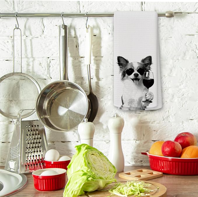 Funny Papillon Wine Kitchen Towels, Gifts for Dog Wine Lovers, Bar Accessories Dish Tea Towels for Kitchen, Dog Owners Housewarming Gift Decorative Hand Towel 16x24 Inch
