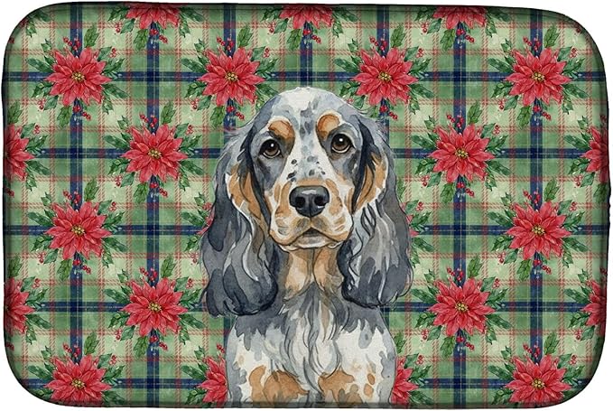 Caroline's Treasures Blue Roan & Tan English Cocker Spaniel Christmas PoinsettIas Dish Drying Mat Absorbent Dish Drying Mat Pad for Kitchen Counter Dish Drainer Mat for Countertop, 14 x 21"