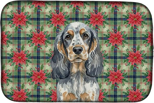 Caroline's Treasures Blue Roan & Tan English Cocker Spaniel Christmas PoinsettIas Dish Drying Mat Absorbent Dish Drying Mat Pad for Kitchen Counter Dish Drainer Mat for Countertop, 14 x 21"