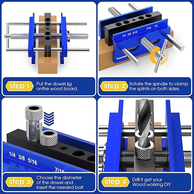 Self Centering Dowel Jig kit, Drill Guide Bushings Set, Wood Working Tools Drill and Accessories, Adjustable Width Drilling Guide Power Tool Accessory Jigs Tools for Men (Klein Blue, XL)