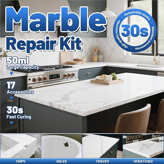 Quartz Countertop Repair Kit 1.7fl.oz / 50ml - 30s Fast Curing DIY Fix Quartz Chip Repair Kit for Cracks Holes & Scratches on Granite Marble Acrylic Fiberglass Porcelain & Corian Surfaces (White)