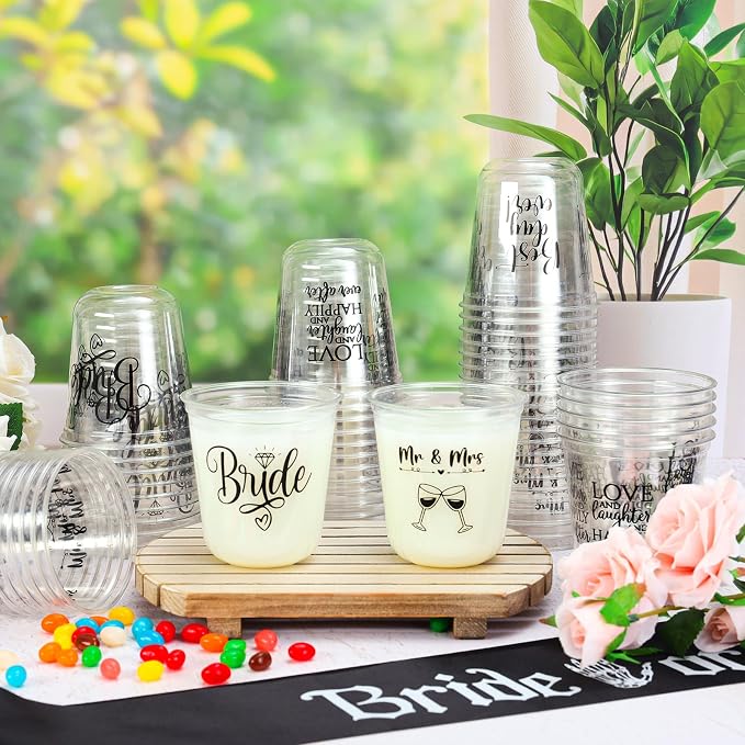 JarThenaAMCS 60Pcs Wedding Disposable Stemless Wine Glasses 12 oz Mr and Mrs Clear Plastic Cocktail Cup PET Drinkware Cups Set for Wedding Bridal Shower Party Supplies