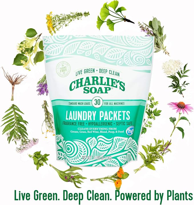 Charlie's Soap - Unscented Powdered Laundry Packets 30 Count (6 Pack 180 Total Loads)