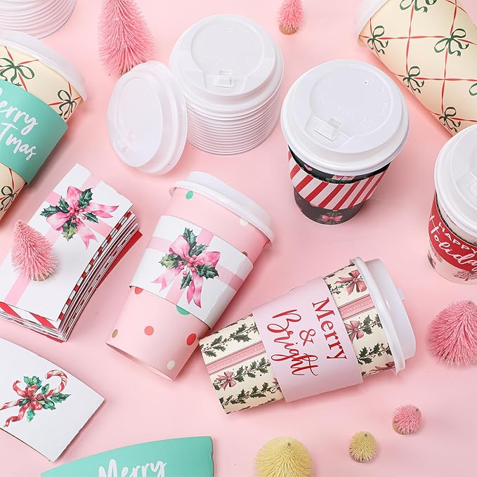 36 Sets/ 108 Pcs Pink Bow Christmas Tree Paper Cups 16 oz Disposable Coffee Cups with Lids and Sleeves Xmas Hot Cocoa Coffee Mug for Cold Drinks Hot Chocolate Christmas Party Supplies