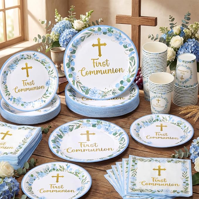 Pickmesh 250 Pcs Blue First Holy Communion Disposable Tableware Set God Bless Baptism Disposable Paper Plates Napkins and Cups for Boys Christening Celebration Baby Shower Religious Supplies Serve 50