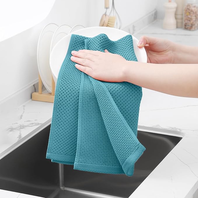 Homaxy 100% Cotton Waffle Weave Kitchen Dish Towels, Ultra Soft Absorbent Quick Drying Cleaning Towel, 13 x 28 Inches, 24-Pack, Lake Blue