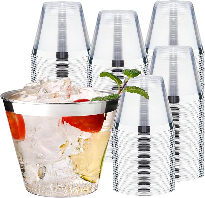 RACETOP 9 oz 200 Pack Clear Plastic Cups, Disposable Clear Plastic Cups With Silver Rim for Parties, Gatherings, Weddings, and Festival Events