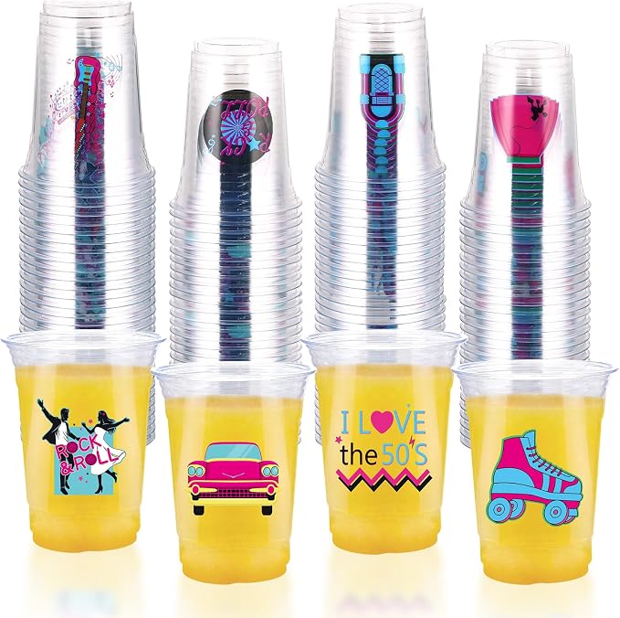 100Pcs 1950s Plastic Cups 16 oz 50s Rock and Roll Disposable Cups 50's Retro Music Plastic Tumblers for 1950s Music Rocking Hip Hop Birthday Party Supplies Beverage Drinking