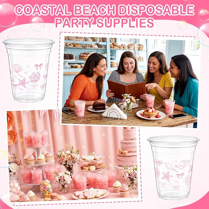 Tanlade 60 Pcs Ocean Party Plastic Cups 12 oz Pink Bow Seashell Starfish Coastal Nautical Sea Theme Disposable Cups for Baby Shower Summer Theme Birthday Wedding Party Supplies Decorations