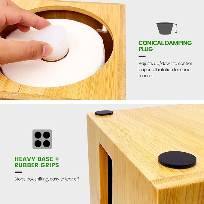 Bamboo Paper Towel Holder with Hooks – One-Hand Tear, Dustproof, No-Drill Adhesive & Wall Mount, Under Cabinet/Countertop Dispenser for Kitchen, Garage & Workshop | Fits Jumbo Roll