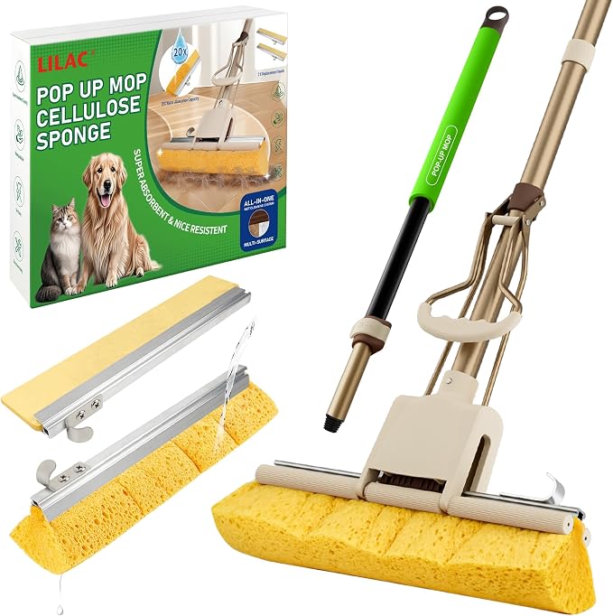 LILAC Cellulose Sponge with 2 Replacement Sponge Heads, 4-Color Handle Choices for Zoned Cleaning, Super Absorbent Pop Up Roller Mop Sponge for Hardwood,Laminate Floors (Green Hand)