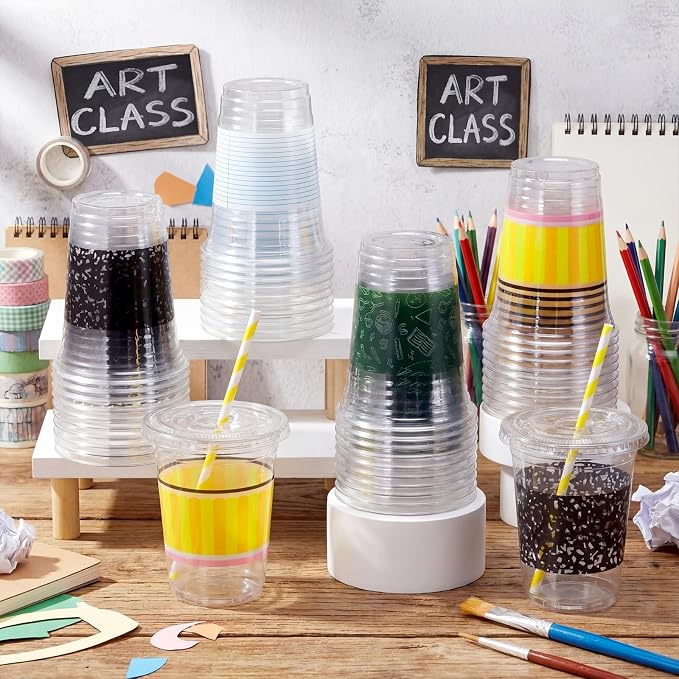 Vesici 50 Pcs Back to School Disposable Cups Bulk 16 oz Composition Notebook Pencil Plastic Drinking Cups with Lids and Straws for First Day of School Classroom Party Supplies