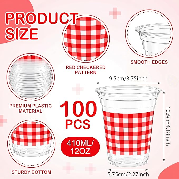 Qinyoung Checkered Plastic Cups 12oz Gingham Party Disposable Cups Bulk Drinking Cup for Cold Drinks Baby Shower Wedding Summer Birthday Party Supplies(Red and White,100 Pcs)