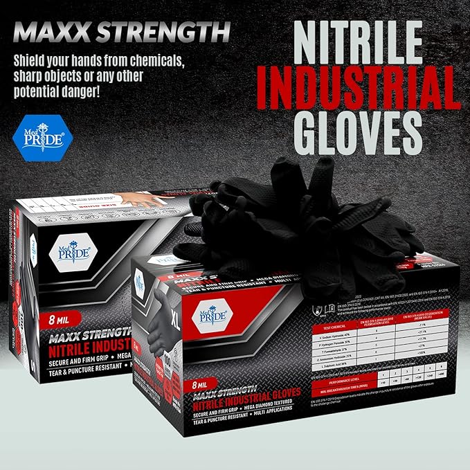 MED PRIDE Maxx Strength Nitrile Industrial Black, 8 Mil Thick - Diamond Texture Disposable Heavy-Duty, Tear-Resistant