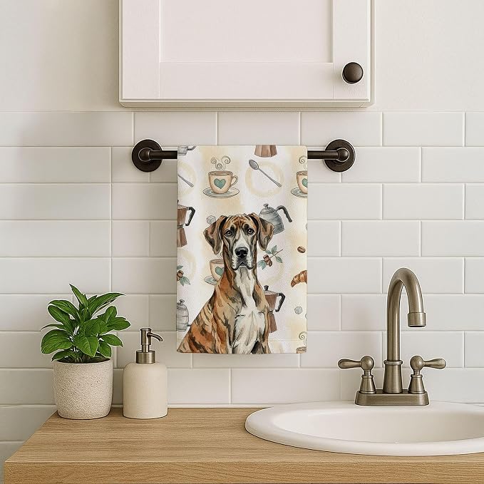 Caroline's Treasures Brindle Great Dane Coffee Bar Kitchen Towel Velour Plush Front and Cotton Loop Back Machine Washable