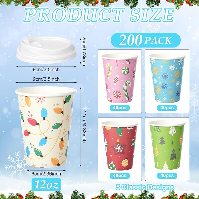 200 Set Christmas Coffee Paper Cups with Lids 12oz, Bulk Disposable Colorful Party Cups, 5 Styles Xmas Holiday Cups for Hot Chocolate Cold Drinks Christmas New Year Winter Party Supplies Decorations