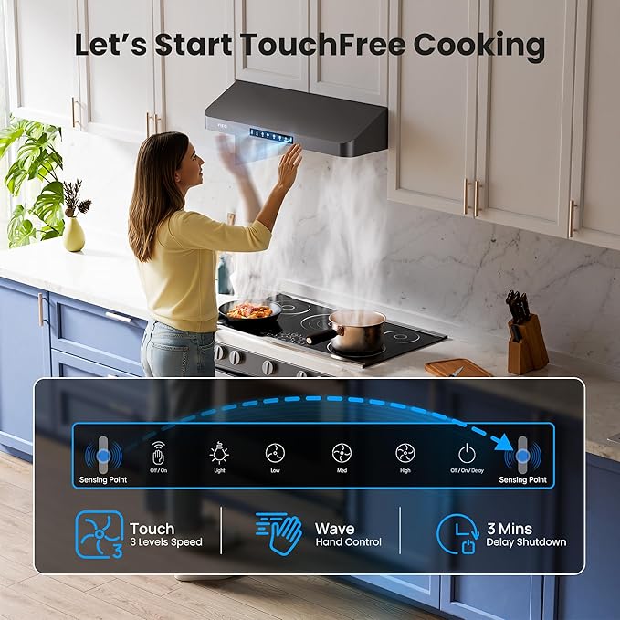 VIKIO HOME Range Hood 36 Inch Under Cabinet, Black Stainless Steel Range Hood With 980 CFM, Three-Speed Gesture & Touch Control, Kitchen Hood With Widened Filter Baffle,Easy Clean Coating,G10 Light