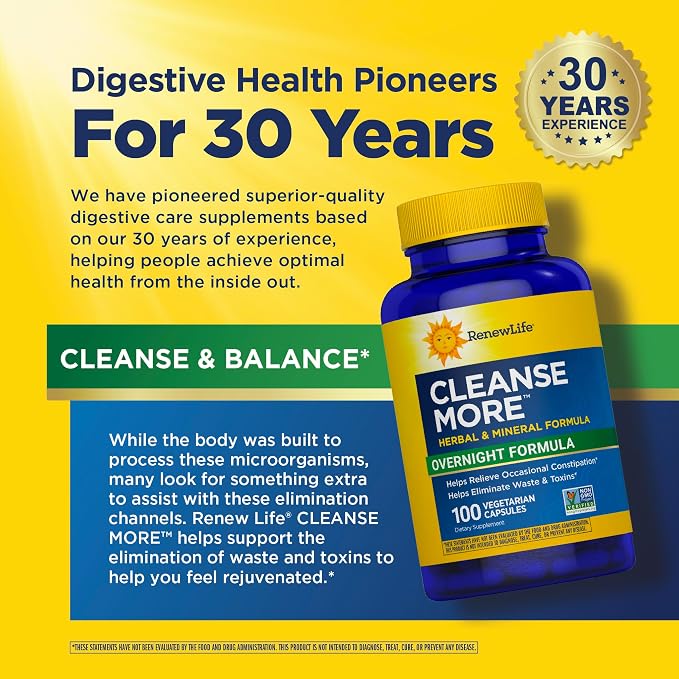 Renew Life Detox Cleanse More, Reduces Bloating and Restores Regularity, Overnight Constipation Relief, Soy, Dairy and gluten-free, 100 Capsules