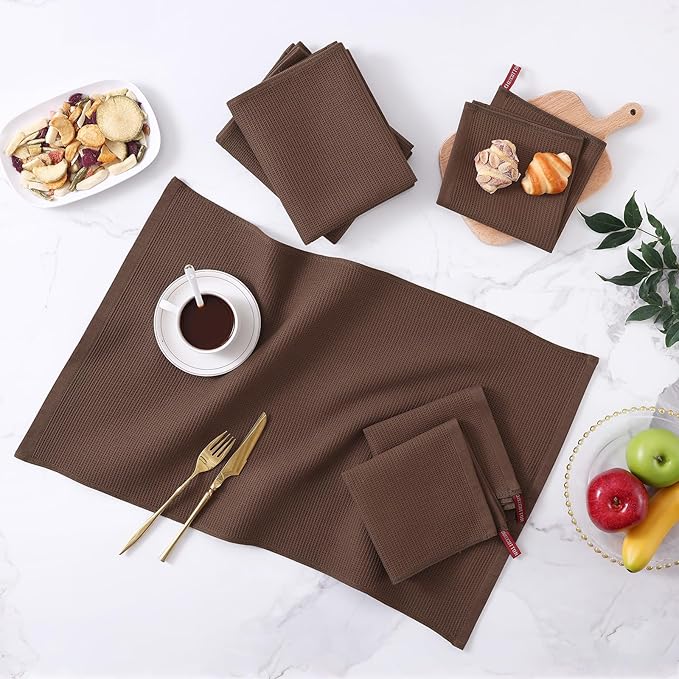 Homaxy 100% Cotton Kitchen Towels and Dishcloths Set - 8 Pack Waffle Weave Soft and Absorbent Dish Towels - 26 X 16 Inch and 12 X 12 Inch - Coffee