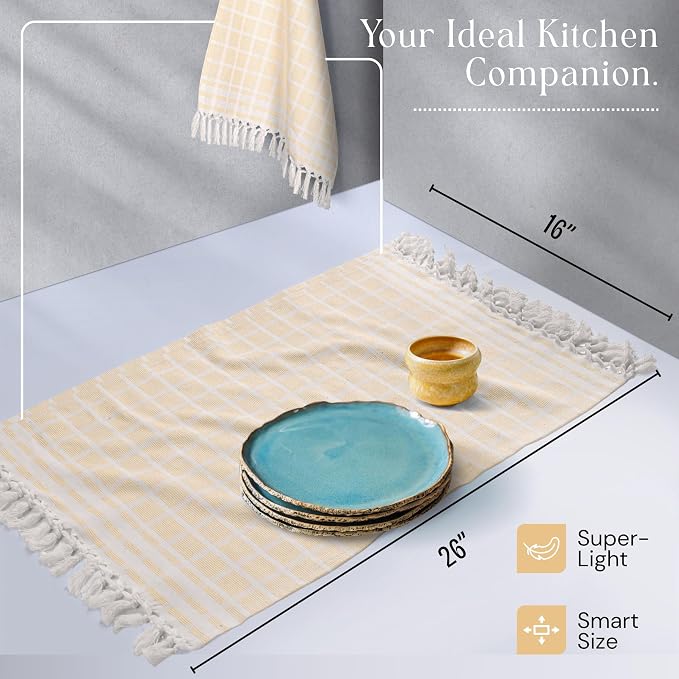 Matrix Dobby Kitchen Towels 4 Pack, 100% Cotton, 16x26 Inches, Absorbent Tea Towels with Handmade Tassels, Reusable Washable Cloths for Quick Drying and Cleaning - Pale Yellow, White