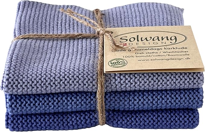 Solwang 3-Piece Danish Cotton Dishcloths in 100% Certified Organic Cotton Made in India (Cornflower Blue Organic Combi)