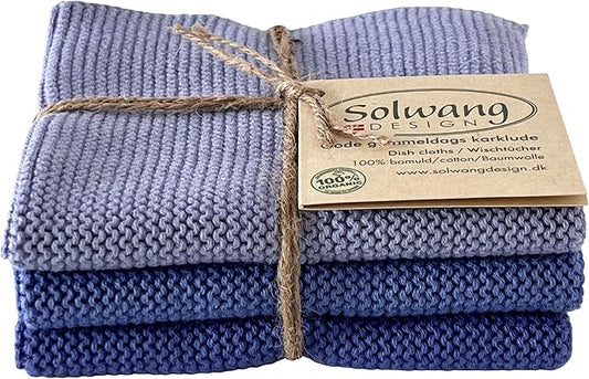 Solwang 3-Piece Danish Cotton Dishcloths in 100% Certified Organic Cotton Made in India (Cornflower Blue Organic Combi)