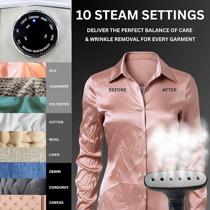 True & Tidy Luxury Upright Commercial Garment Steamer, Smart Auto Shut-Off Technology, 10 Steam Settings w/Wheels, 1800W Powerful Standing Clothes Steamer Fast Wrinkle Removal for Home & Business Use