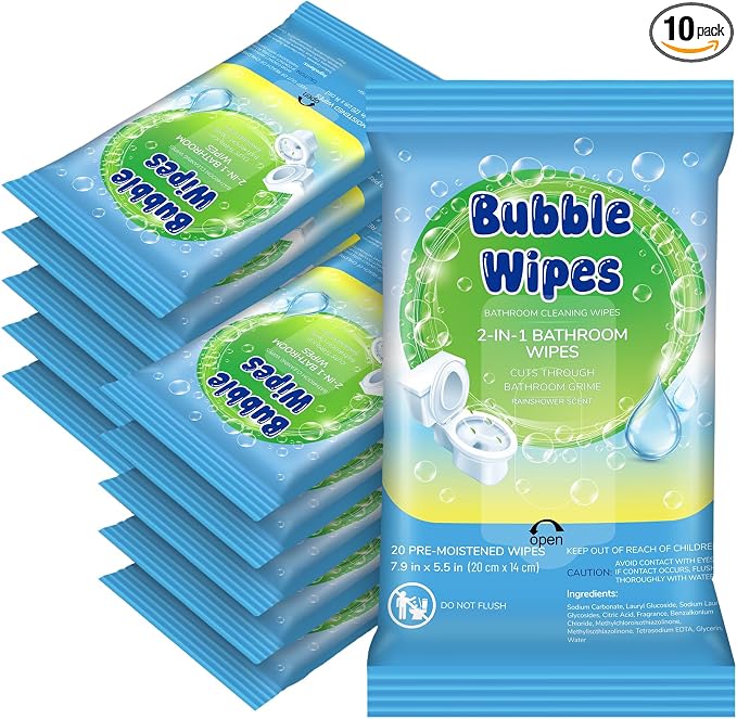 10 Pack Bathroom Cleaning Wipes 100/200 Count 2-in-1 Wipes Cleaner for Bathroom Toilet, Sink, Tile & Shower -Reusable Sealable Pouch, No Scrubbing Needed (Rain-dried Fragrance)