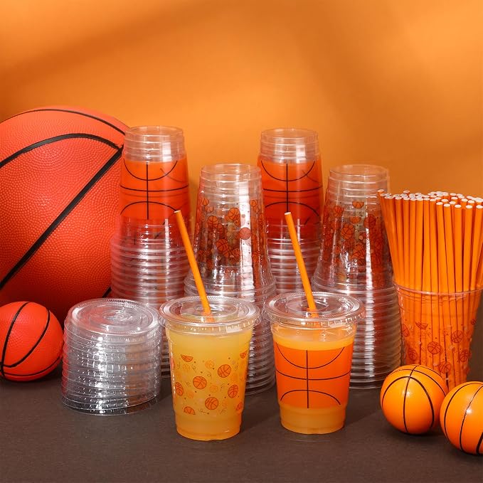 Yaomiao 300 Pcs 12 oz Basketball Plastic Cups with Lids and Straw Plastic Disposable Clear Cups Happy Basketball Theme Party Drinking Set for Party Supply