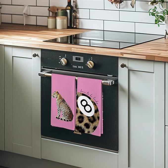 Trendy Leopard Cheetah Print Lucky 8 Ball Bathroom Decor, Preppy Girly Pink Leopard Decor Dish Hand Tea Towels for Bathroom Kitchen Sets of 2, Cheetah Kitchen Towels and Dishcloths,16x24 Inch