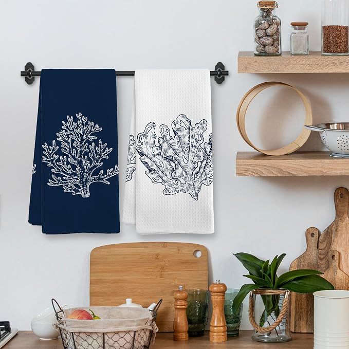 Coastal Beach Coral Summer Bathroom Hand Towels Sets of 2, Nautical Beachy Ocean Theme Bathroom Decor Accessories, Coastal Navy Blue Decor Kitchen Dish Tea Towels for Kitchen, 16x24 Inch
