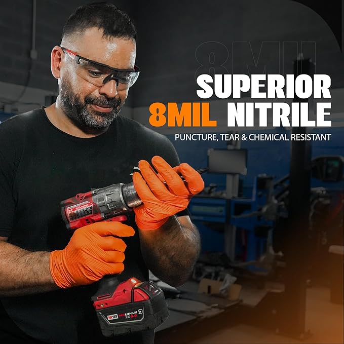 GRIPXX Herkules Grip Heavy Duty 8Mil Orange Nitrile Gloves,3D Raised Diamond Texture-Latex & Powder Free-Industrial, Mechanic (10, XX-Large)
