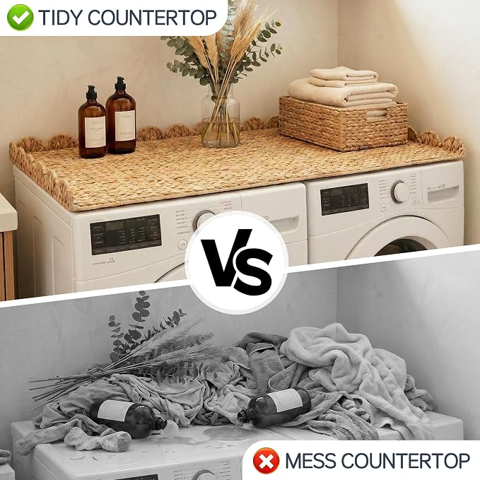 Coeusy Wicker Washer Dryer Countertop, 54" W x 27.5" D Water Hyacinth Woven Washer and Dryer Countertop, Boho Decorative Laundry Topper with Scalloped Edge for Laundry Room Organization (Natural)