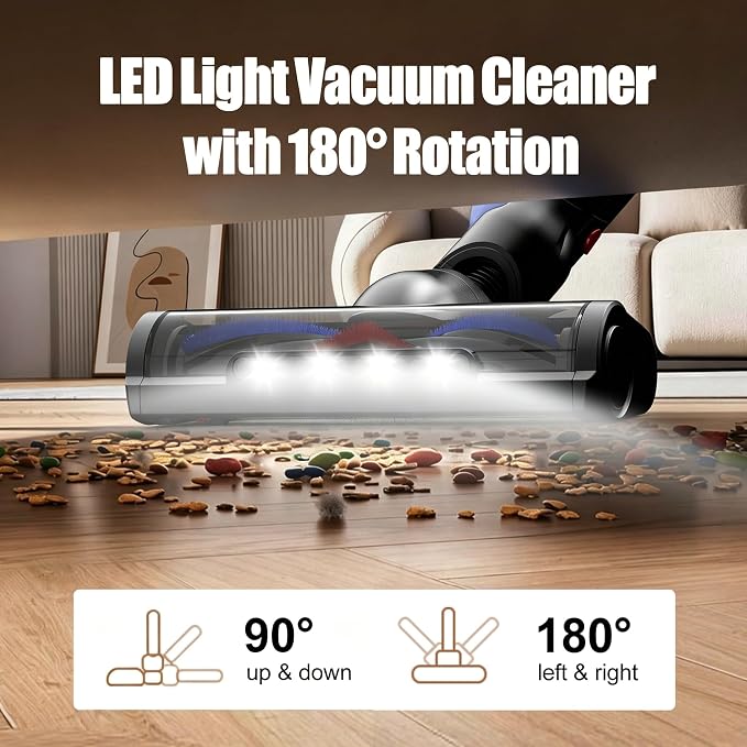 Cordless Stick Vacuum Cleaner, Powerful Suction Anti-Tangle Brush Vacuum with LED Headlight, Lightweight Vacuum Cleaner for Hardwood Floor Carpet Pet Hair (Red)