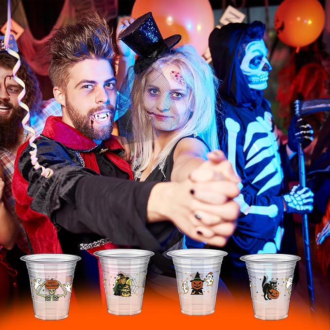 Eaasty 100 Pcs 12 oz Vintage Halloween Disposable Plastic Cups Retro Witch Cat Pumpkin Ghost Owl Skeleton Cups for Beverage Ice Cream Snacks Party Supplies Decoration